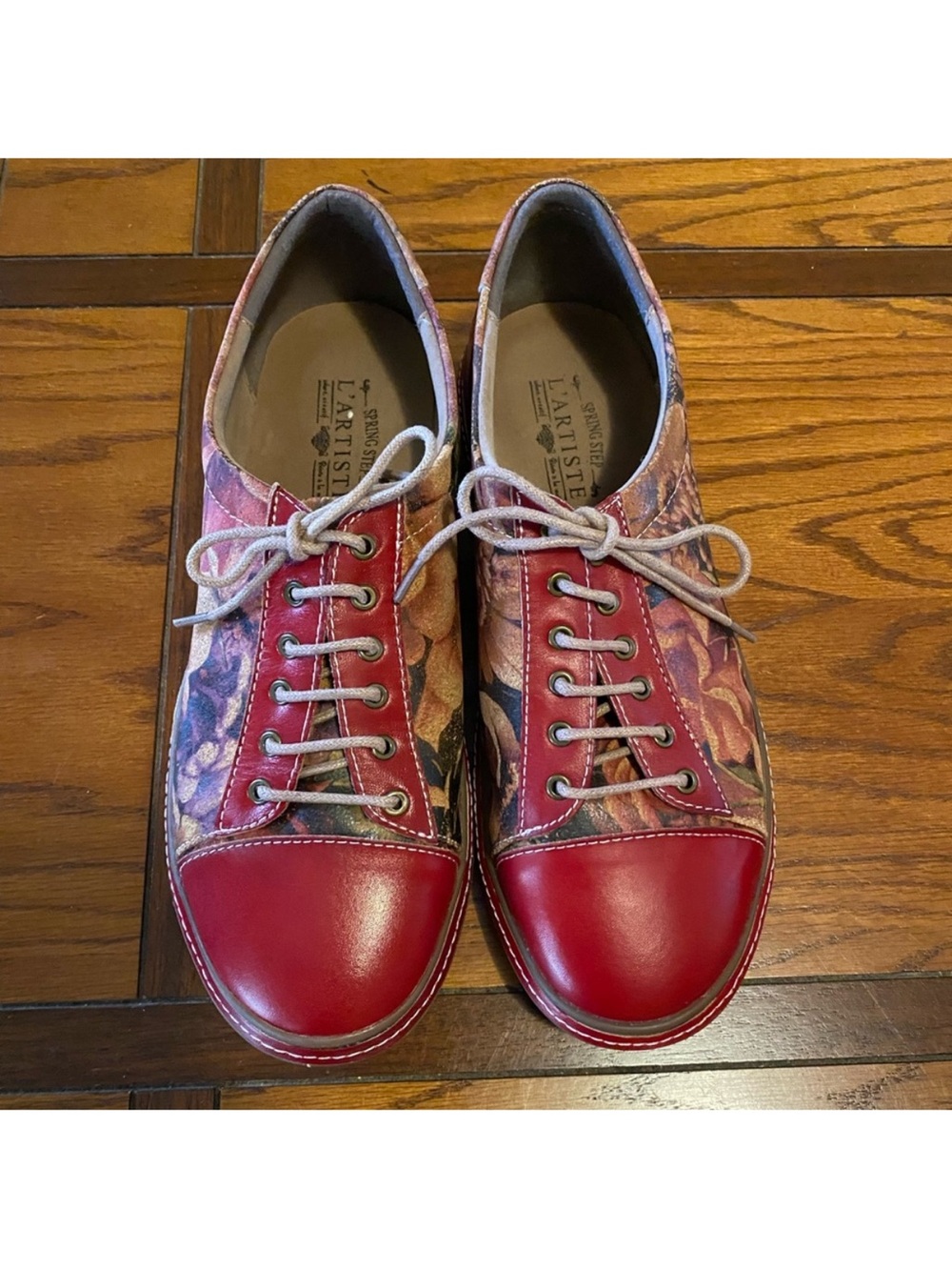 Women's Red Floral Leather Lace-Up Sneakers by L'Artiste